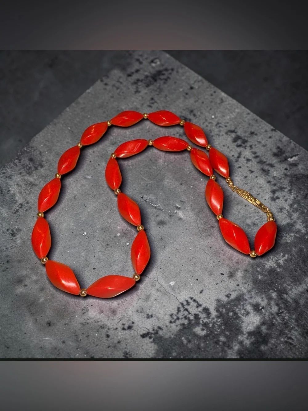 Vintage signed Napier Red Marquise Bead Necklace with Gold Accents